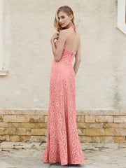 Floor-length Lace Sheath Dress Halter Neck Sunset