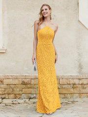 Floor-length Lace Sheath Dress Halter Neck Tangerine