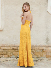Floor-length Lace Sheath Dress Halter Neck Tangerine Plus Size