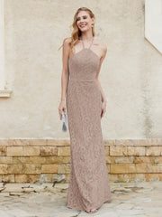 Floor-length Lace Sheath Dress Halter Neck Taupe
