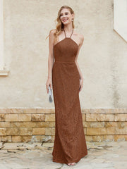 Floor-length Lace Sheath Dress Halter Neck Terracotta