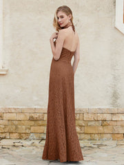 Floor-length Lace Sheath Dress Halter Neck Terracotta