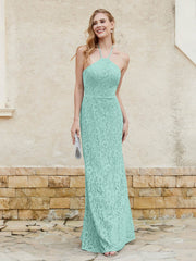 Floor-length Lace Sheath Dress Halter Neck Turquoise Plus Size
