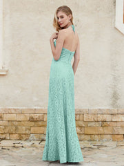 Floor-length Lace Sheath Dress Halter Neck Turquoise