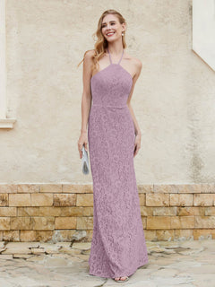 Floor-length Lace Sheath Dress Halter Neck Vintage Mauve