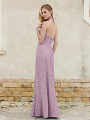 Floor-length Lace Sheath Dress Halter Neck Vintage Mauve