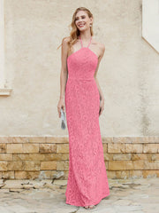 Floor-length Lace Sheath Dress Halter Neck Watermelon