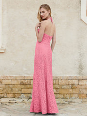 Floor-length Lace Sheath Dress Halter Neck Watermelon