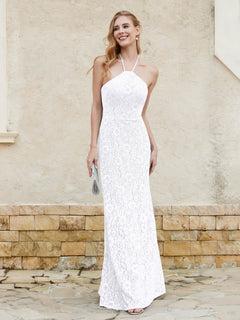 Floor-length Lace Sheath Dress Halter Neck White