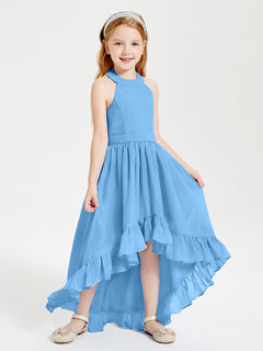 Trendy Boho Junior Bridesmaid Dresses Asymmetrical Cascading Skirt Blue