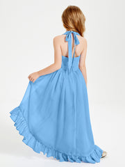 Trendy Boho Junior Bridesmaid Dresses Asymmetrical Cascading Skirt Blue