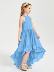 Trendy Boho Junior Bridesmaid Dresses Asymmetrical Cascading Skirt Blue
