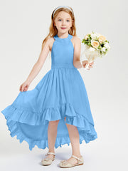 Trendy Boho Junior Bridesmaid Dresses Asymmetrical Cascading Skirt Blue