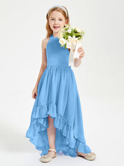 Trendy Boho Junior Bridesmaid Dresses Asymmetrical Cascading Skirt Blue