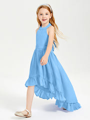Trendy Boho Junior Bridesmaid Dresses Asymmetrical Cascading Skirt Blue