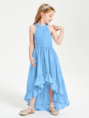 Trendy Boho Junior Bridesmaid Dresses Asymmetrical Cascading Skirt Blue