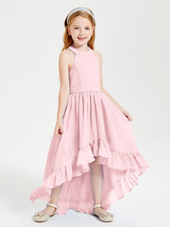 Trendy Boho Junior Bridesmaid Dresses Asymmetrical Cascading Skirt Blushing Pink