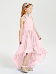 Trendy Boho Junior Bridesmaid Dresses Asymmetrical Cascading Skirt Blushing Pink