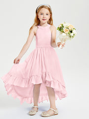 Trendy Boho Junior Bridesmaid Dresses Asymmetrical Cascading Skirt Blushing Pink