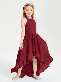 Trendy Boho Junior Bridesmaid Dresses Asymmetrical Cascading Skirt Burgundy