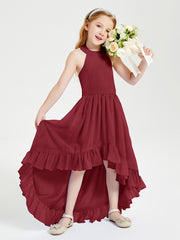 Trendy Boho Junior Bridesmaid Dresses Asymmetrical Cascading Skirt Burgundy