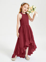 Trendy Boho Junior Bridesmaid Dresses Asymmetrical Cascading Skirt Burgundy