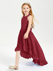 Trendy Boho Junior Bridesmaid Dresses Asymmetrical Cascading Skirt Burgundy