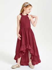 Trendy Boho Junior Bridesmaid Dresses Asymmetrical Cascading Skirt Burgundy