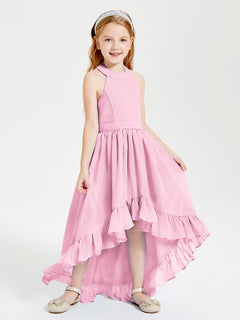 Trendy Boho Junior Bridesmaid Dresses Asymmetrical Cascading Skirt Candy Pink