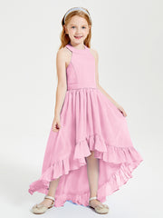Trendy Boho Junior Bridesmaid Dresses Asymmetrical Cascading Skirt Candy Pink