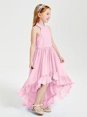 Trendy Boho Junior Bridesmaid Dresses Asymmetrical Cascading Skirt Candy Pink