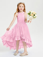 Trendy Boho Junior Bridesmaid Dresses Asymmetrical Cascading Skirt Candy Pink