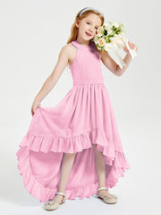 Trendy Boho Junior Bridesmaid Dresses Asymmetrical Cascading Skirt Candy Pink
