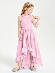 Trendy Boho Junior Bridesmaid Dresses Asymmetrical Cascading Skirt Candy Pink