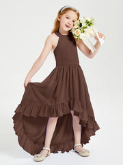 Trendy Boho Junior Bridesmaid Dresses Asymmetrical Cascading Skirt Chocolate