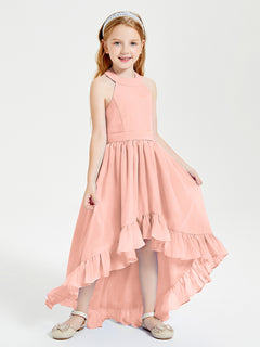 Trendy Boho Junior Bridesmaid Dresses Asymmetrical Cascading Skirt Coral