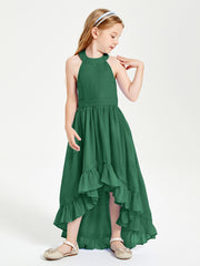 Trendy Boho Junior Bridesmaid Dresses Asymmetrical Cascading Skirt Dark Green