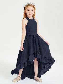 Trendy Boho Junior Bridesmaid Dresses Asymmetrical Cascading Skirt Dark Navy