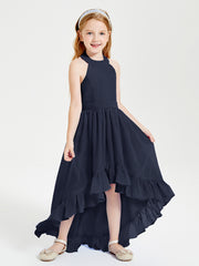 Trendy Boho Junior Bridesmaid Dresses Asymmetrical Cascading Skirt Dark Navy