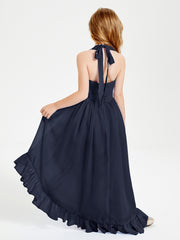 Trendy Boho Junior Bridesmaid Dresses Asymmetrical Cascading Skirt Dark Navy