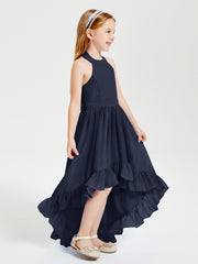 Trendy Boho Junior Bridesmaid Dresses Asymmetrical Cascading Skirt Dark Navy