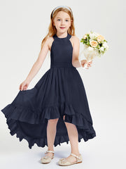 Trendy Boho Junior Bridesmaid Dresses Asymmetrical Cascading Skirt Dark Navy