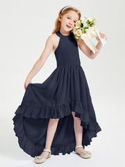 Trendy Boho Junior Bridesmaid Dresses Asymmetrical Cascading Skirt Dark Navy
