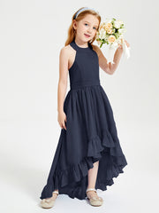 Trendy Boho Junior Bridesmaid Dresses Asymmetrical Cascading Skirt Dark Navy