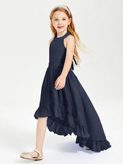 Trendy Boho Junior Bridesmaid Dresses Asymmetrical Cascading Skirt Dark Navy