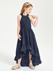 Trendy Boho Junior Bridesmaid Dresses Asymmetrical Cascading Skirt Dark Navy