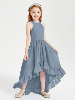 Trendy Boho Junior Bridesmaid Dresses Asymmetrical Cascading Skirt Dusty Blue