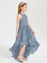 Trendy Boho Junior Bridesmaid Dresses Asymmetrical Cascading Skirt Dusty Blue