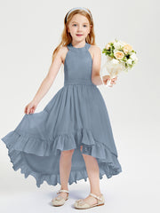 Trendy Boho Junior Bridesmaid Dresses Asymmetrical Cascading Skirt Dusty Blue