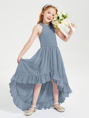Trendy Boho Junior Bridesmaid Dresses Asymmetrical Cascading Skirt Dusty Blue